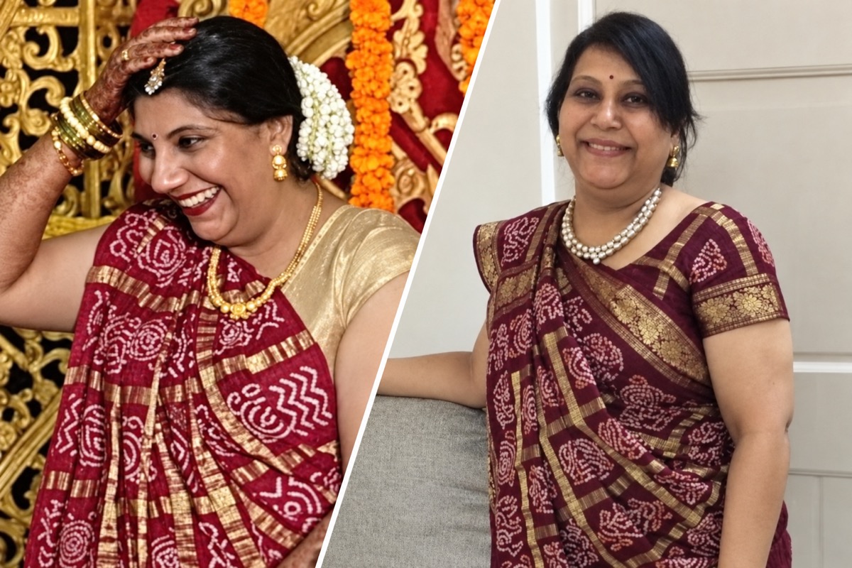Two photos side by side: Saudamini laughing at her wedding, and her mother smiling at home, both in maroon saris