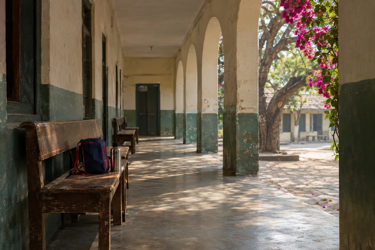 A quiet school corridor in morning light, a child's school bag resting on a wooden bench