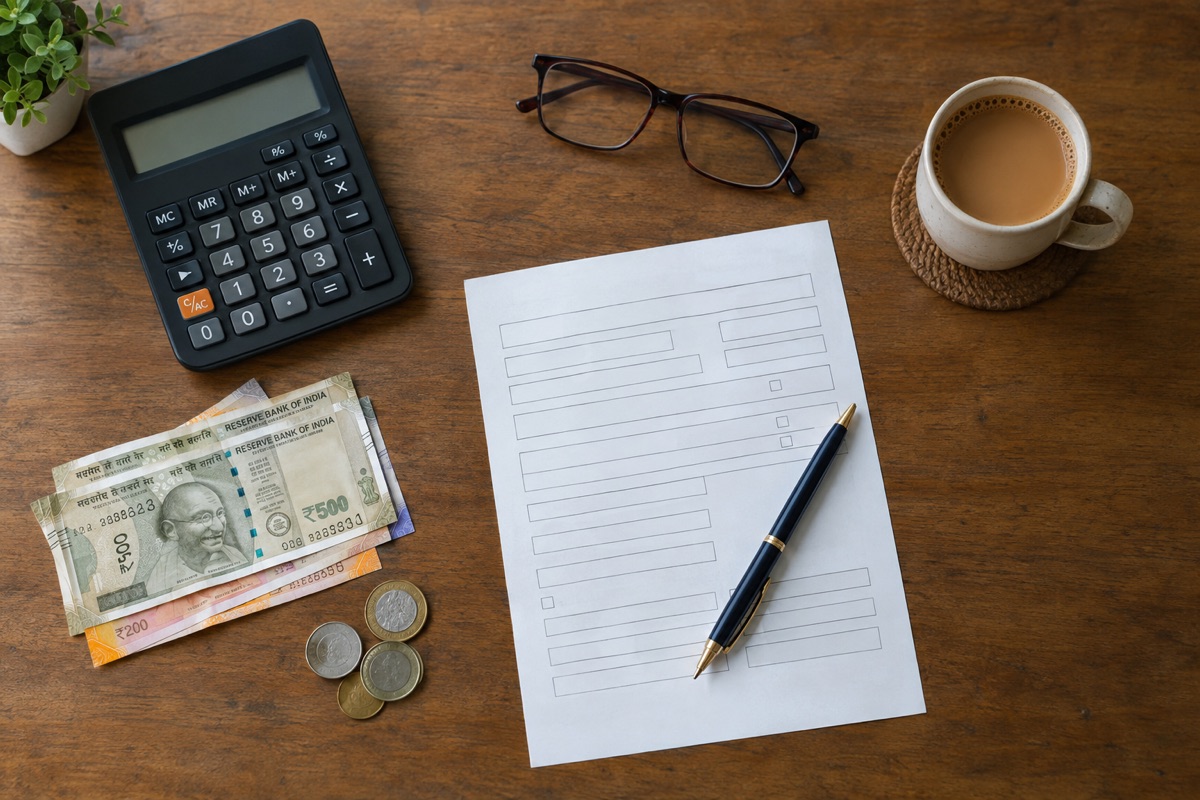 A calculator, rupee notes, a blank form, glasses and a cup of chai on a desk