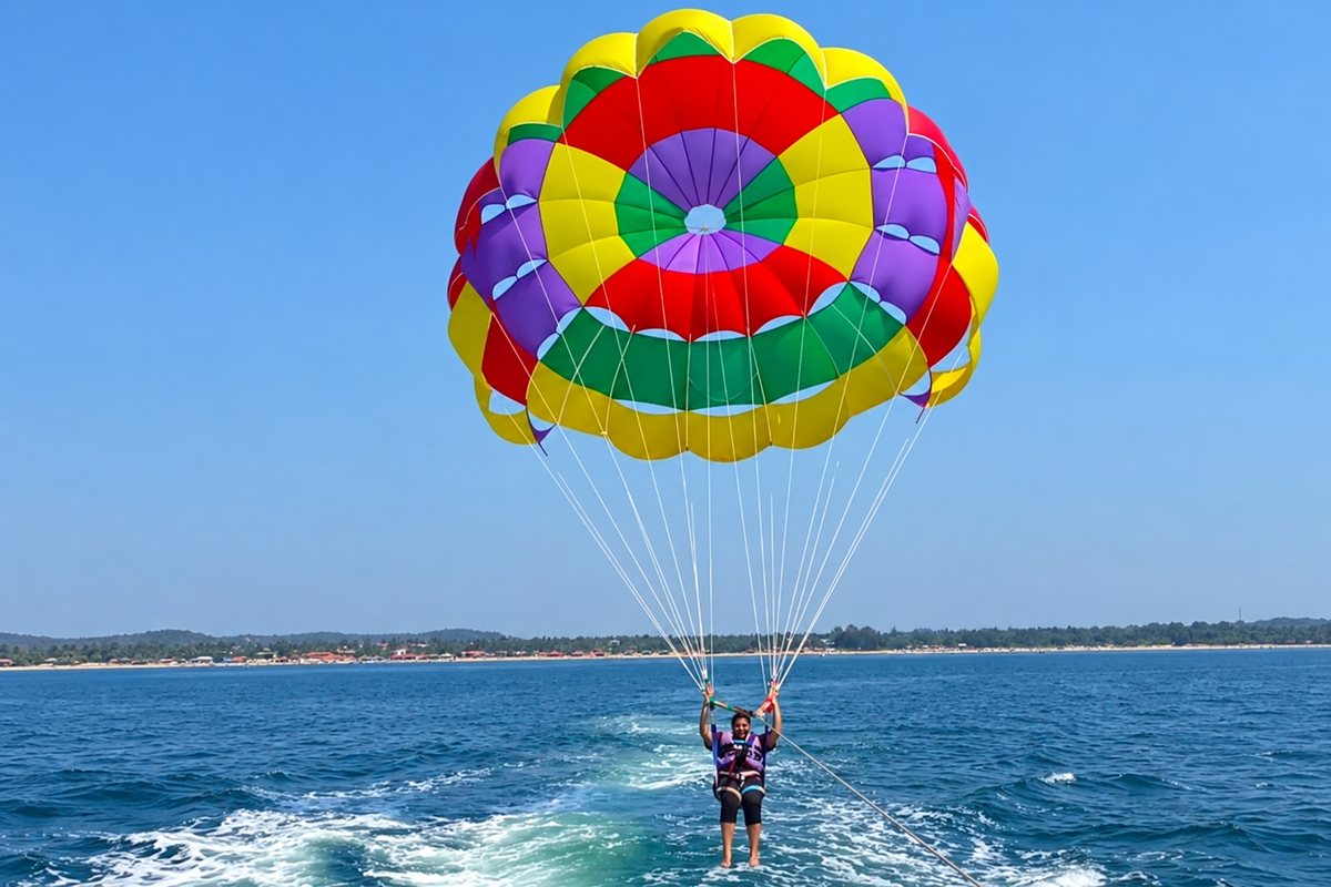 Parasailing over the sea off Goa under a rainbow-coloured parachute, the coastline in the distance