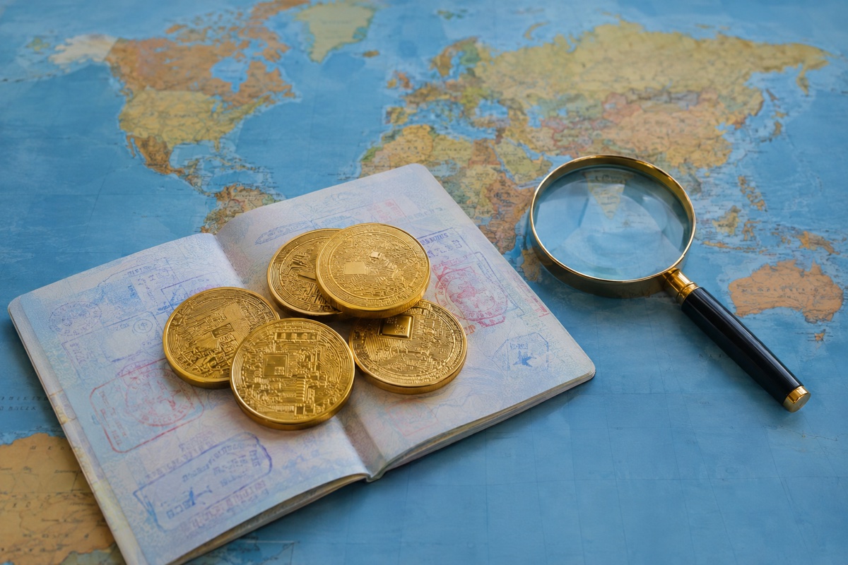 Gold crypto coins on an open passport over a world map, with a magnifying glass