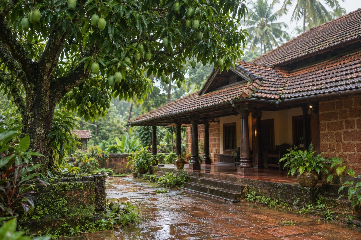A Mangalorean house with a red clay-tiled roof and a mango tree shading its courtyard, coconut palms behind