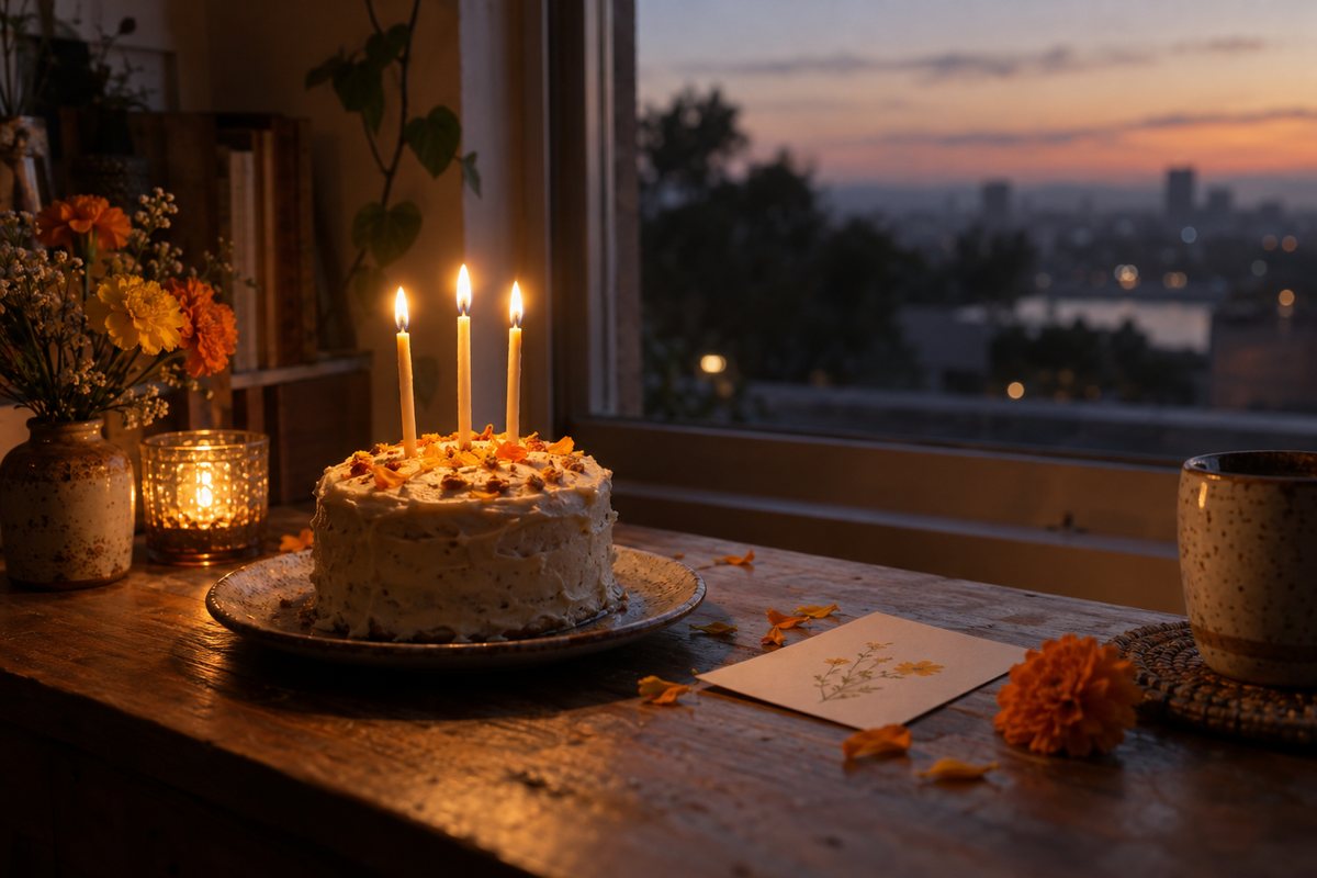 A small homemade cake with three lit candles on a wooden table by a window at dusk, marigolds beside it