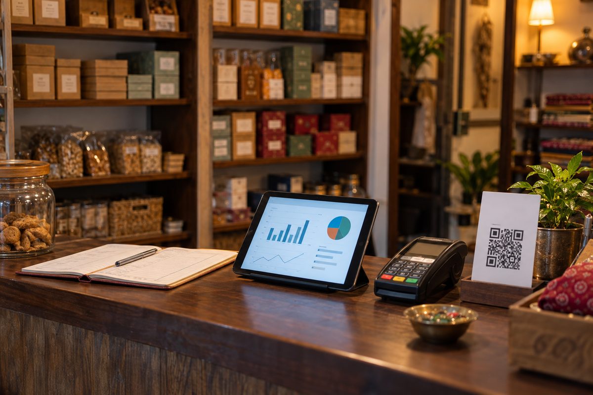 The counter of a small shop in the evening: a tablet with a sales dashboard, a card machine, a QR payment stand and a ledger