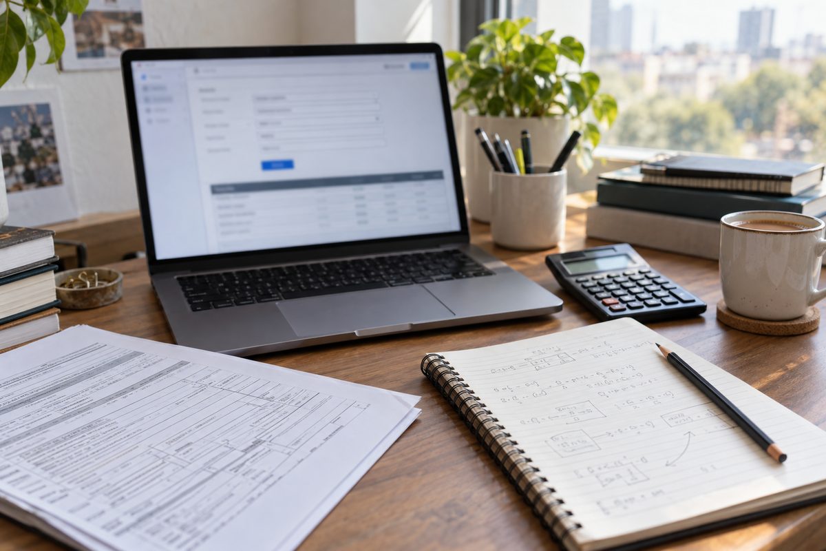 A desk in daylight with a laptop showing a calculator form, a desk calculator, printed tax forms and a notebook of handwritten workings