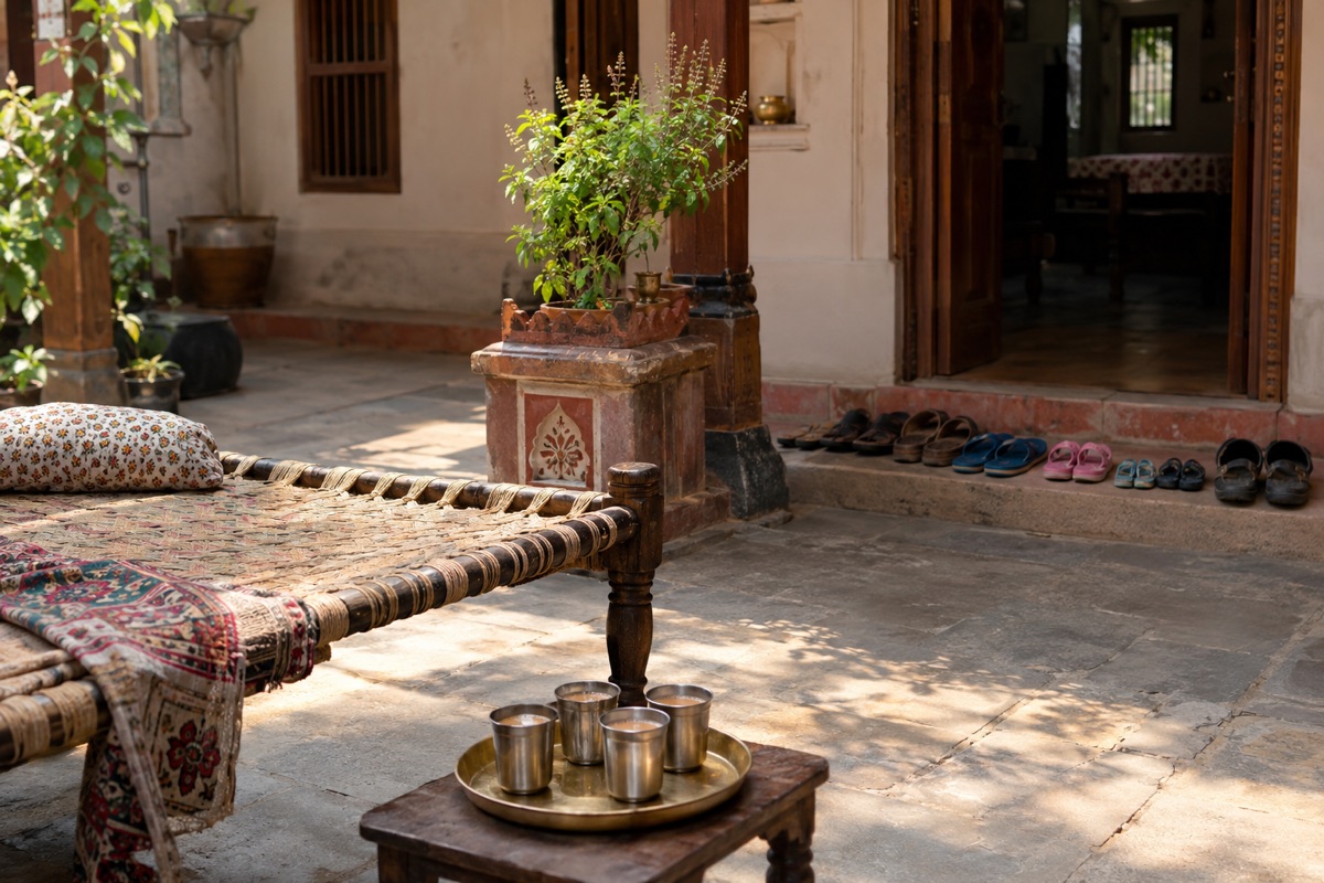 The courtyard of an old family home: a charpai, tea in steel tumblers, and slippers of every size at the door