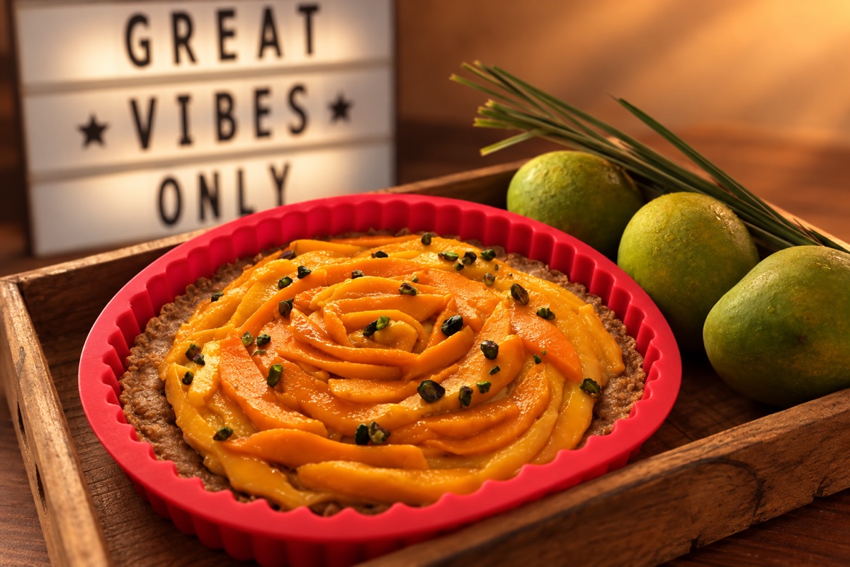A mango-rose tart topped with pistachios in a red tart tin, green mangoes beside it