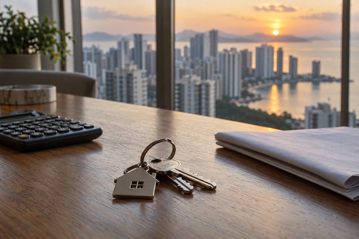 A set of house keys and a calculator on a table by a window overlooking a seaside skyline at sunset