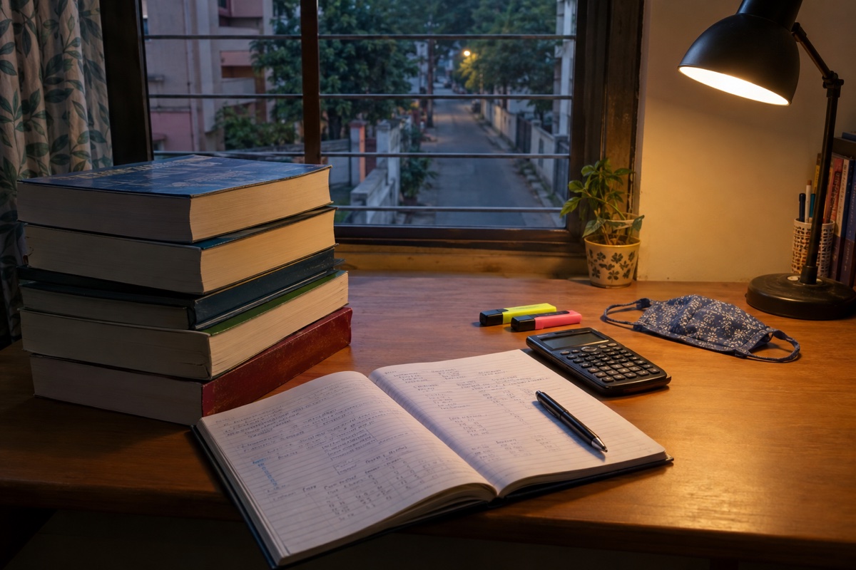 A study desk at night with accounting books, a calculator and a face mask, an empty street outside