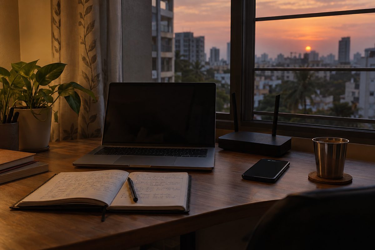 A desk by a window at sunset: a dark laptop, a router with its lights off, a phone, an open notebook and a tumbler of coffee