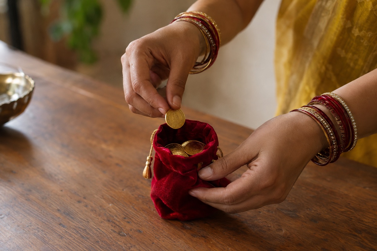 A woman's hands with bangles dropping a gold coin into a red velvet pouch