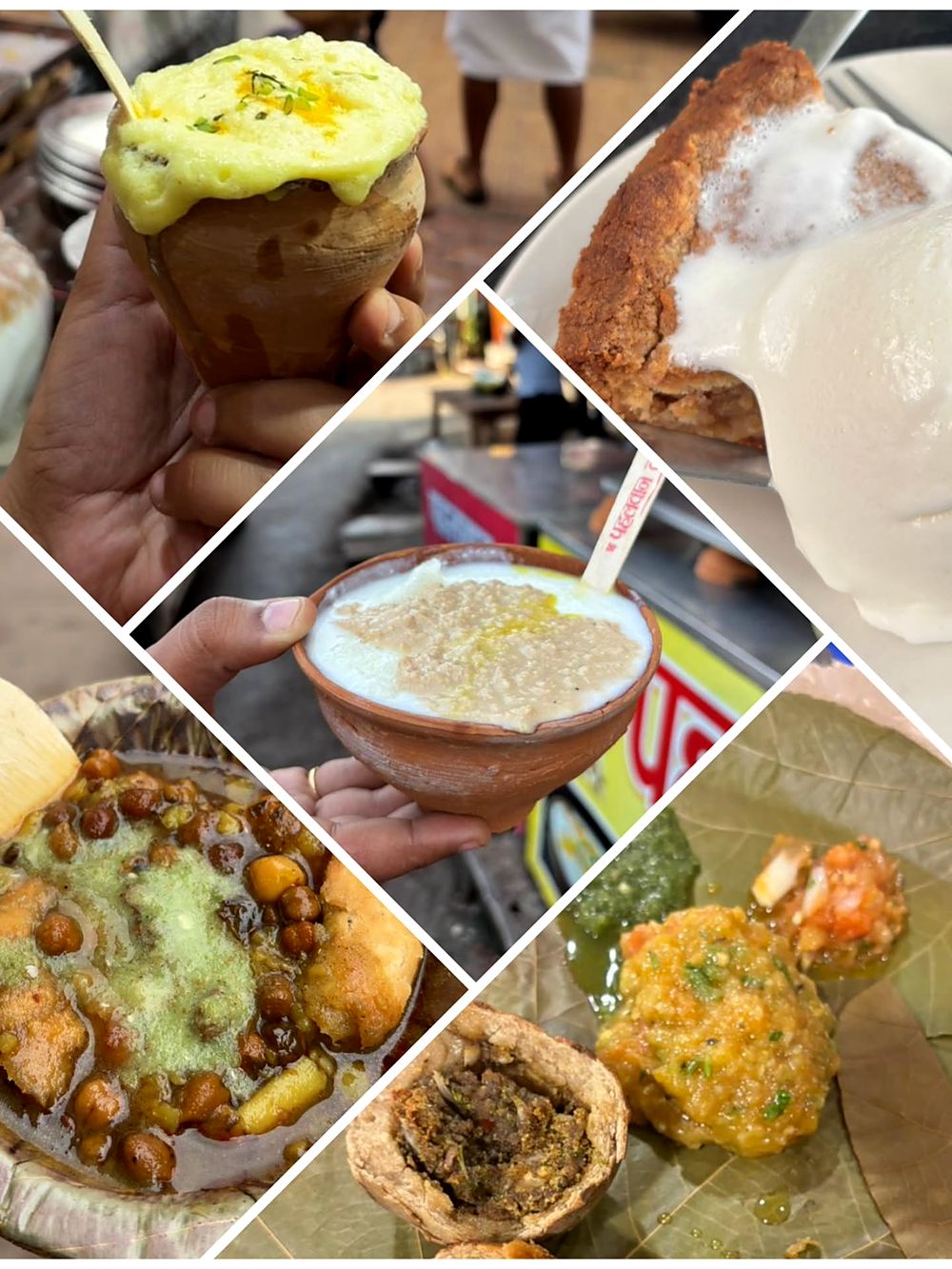 A collage of Banaras street food: kachori, chaat and malaiyo in clay cups